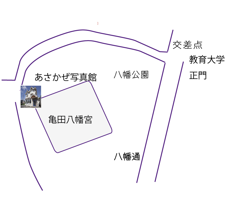 函館のあさかぜ写真館近隣地図。八幡通りに面した亀田八幡宮裏手にあります